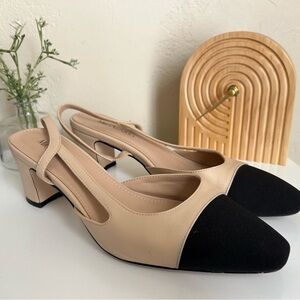 Beige and Black Slingback Heels